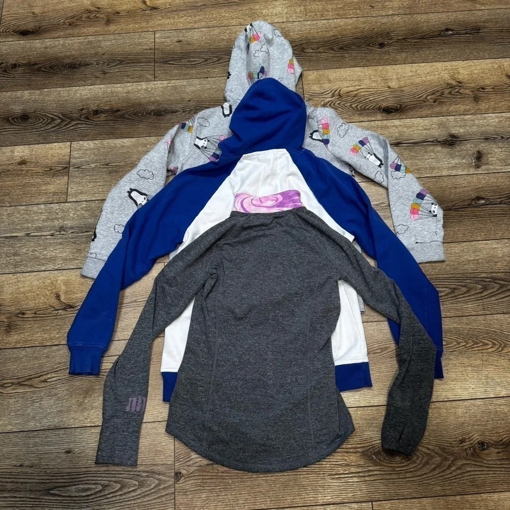 3 sweatshirts, Stranger Things, purple gray zip up, panda bears, similar fit.